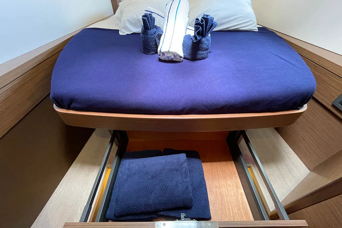 Cabin on No Regrets, a Lagoon 46 catamaran at Athens, Greece