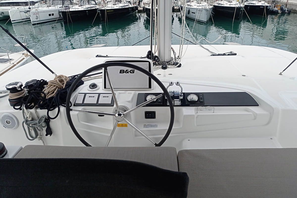 Cockpit of Genie, a Lagoon 46 catamaran at Seget Donji, Croatia
