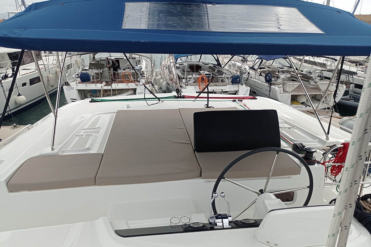 Cockpit of Genie, a Lagoon 46 catamaran at Seget Donji, Croatia