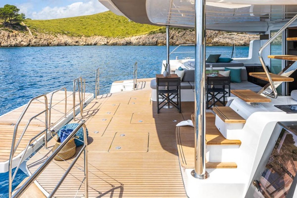 Deck of Montecristo - FIRST CLASS, a Lagoon 60 catamaran at Olbia, Italy