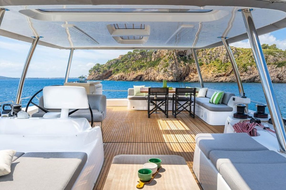 Cockpit of Montecristo - FIRST CLASS, a Lagoon 60 catamaran at Olbia, Italy
