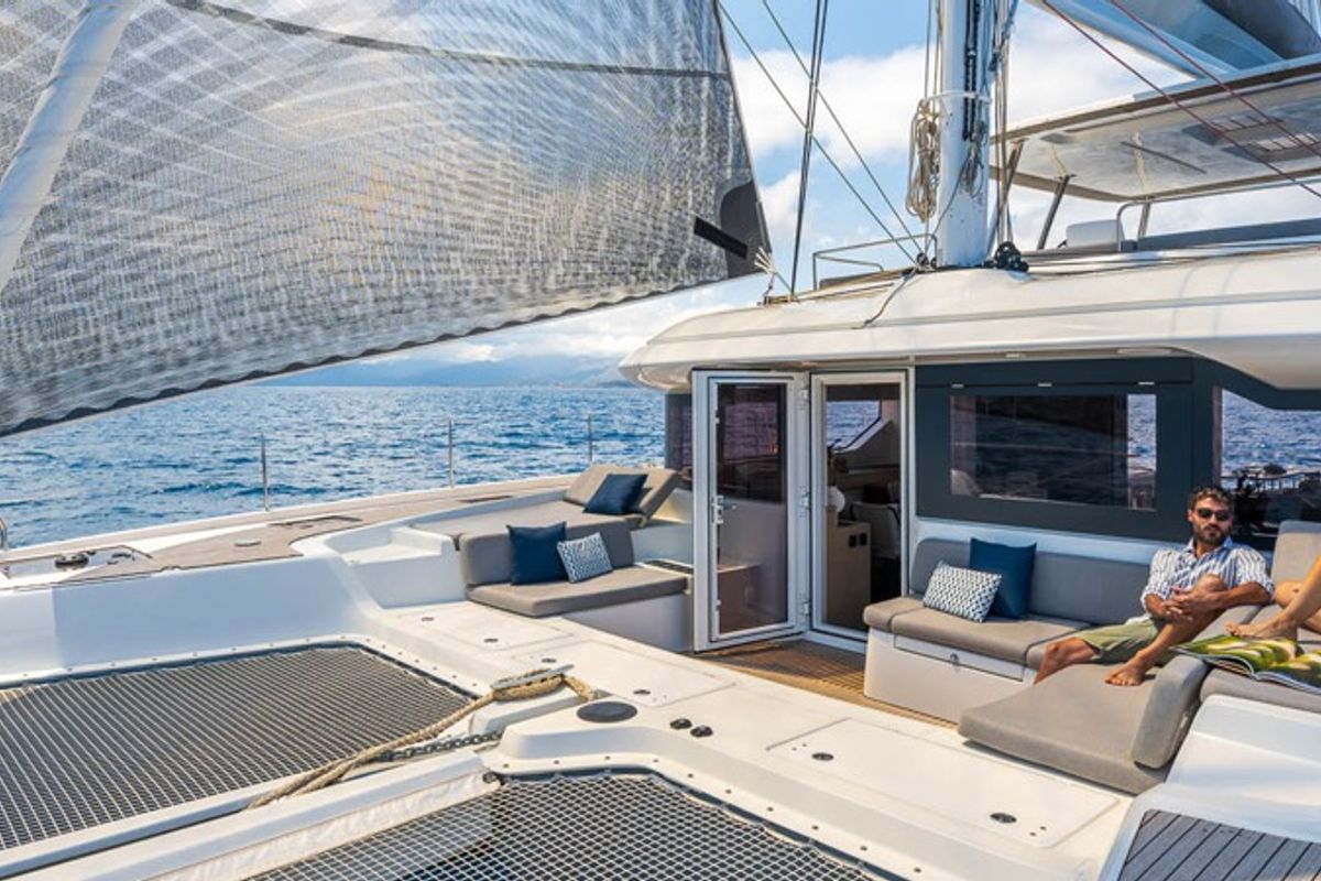 Deck of Montecristo - FIRST CLASS, a Lagoon 60 catamaran at Olbia, Italy