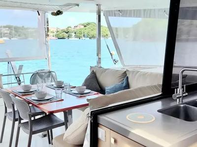 Deck of Aqua Panda, a Fountaine Pajot Lucia 40 catamaran at Road Town, British Virgin Islands