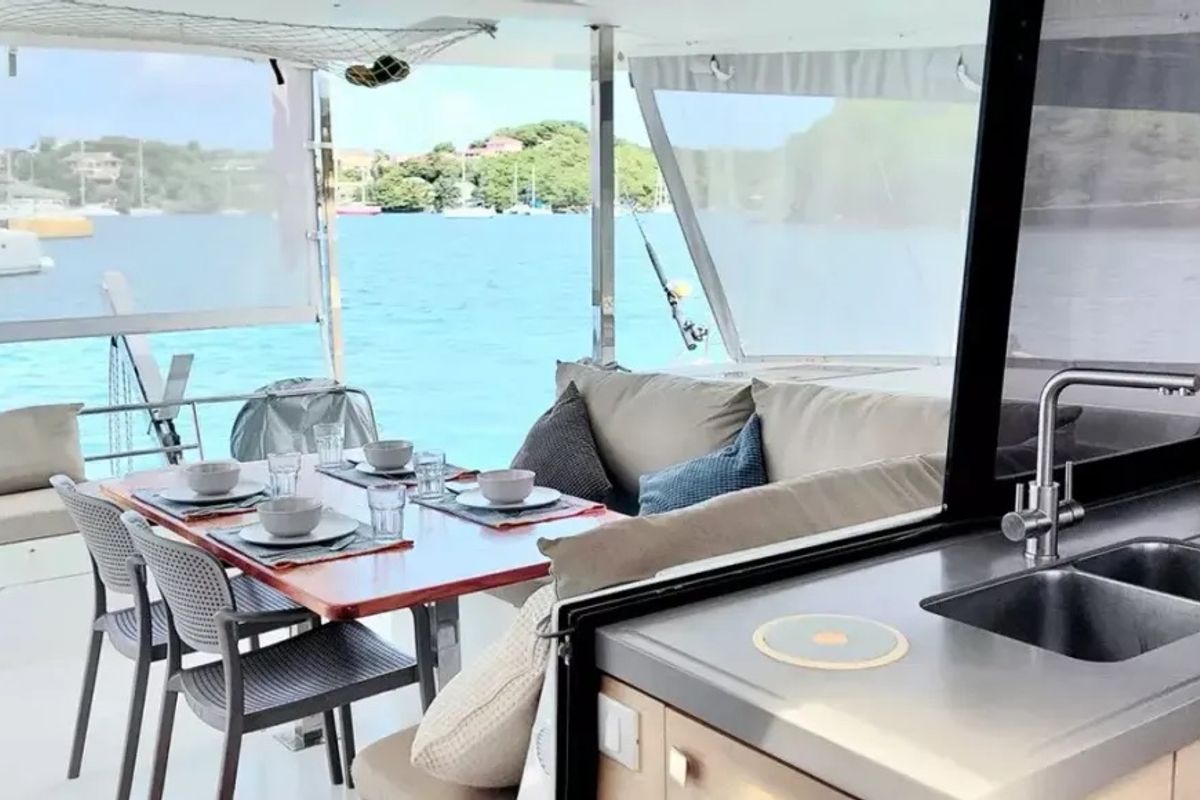 Deck of Aqua Panda, a Fountaine Pajot Lucia 40 catamaran at Road Town, British Virgin Islands