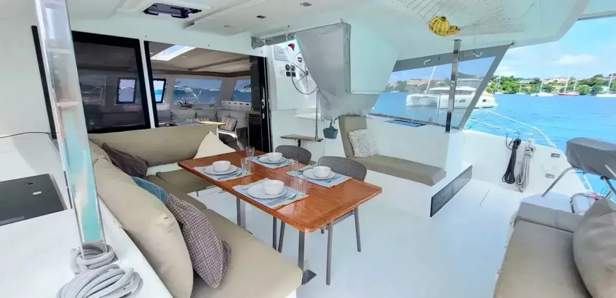 Salon of Aqua Panda, a Fountaine Pajot Lucia 40 catamaran at Road Town, British Virgin Islands