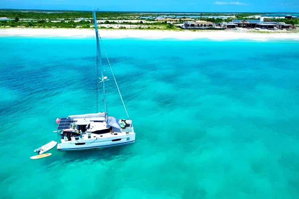 Exterior view of Aqua Panda, a Fountaine Pajot Lucia 40 catamaran at Road Town, British Virgin Islands