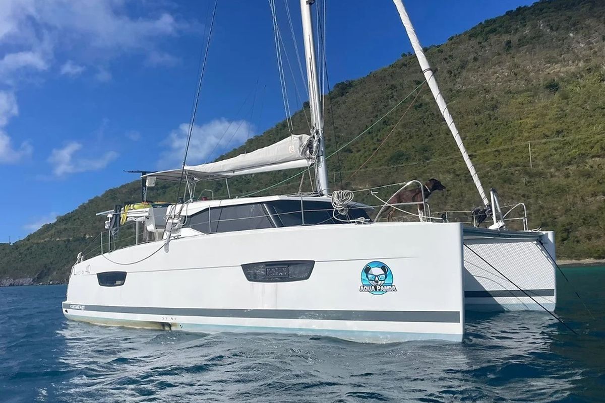 Exterior view of Aqua Panda, a Fountaine Pajot Lucia 40 catamaran at Road Town, British Virgin Islands