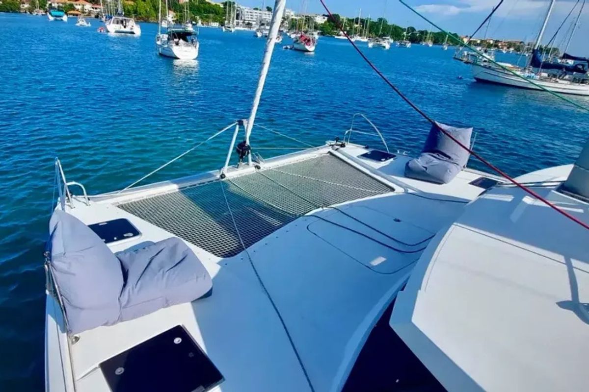 Deck of Aqua Panda, a Fountaine Pajot Lucia 40 catamaran at Road Town, British Virgin Islands