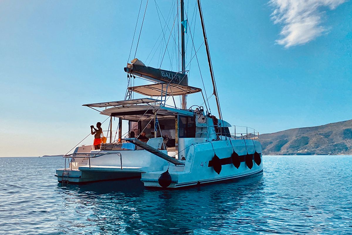 Exterior view of Sinope, a Bali 4.1 catamaran at Preveza, Greece