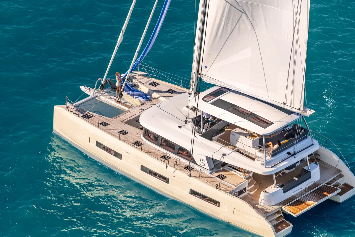 Exterior view of SAILUXE - Aura, a Lagoon Sixty 5 catamaran at Capo d'Orlando, Italy