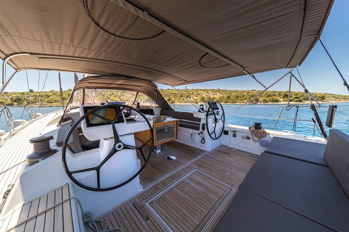 Cockpit of Barmaley, a Dufour 56 Exclusive sailboat at Primošten, Croatia