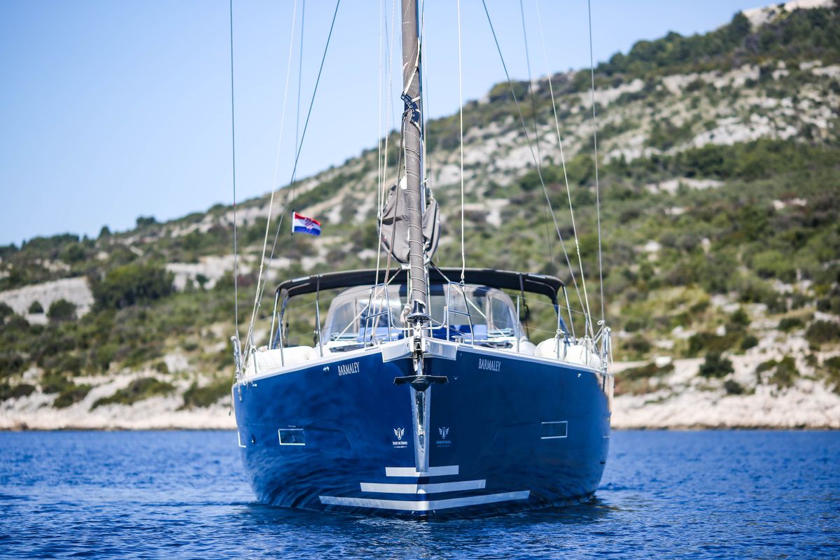 Exterior view of Barmaley, a Dufour 56 Exclusive sailboat at Primošten, Croatia
