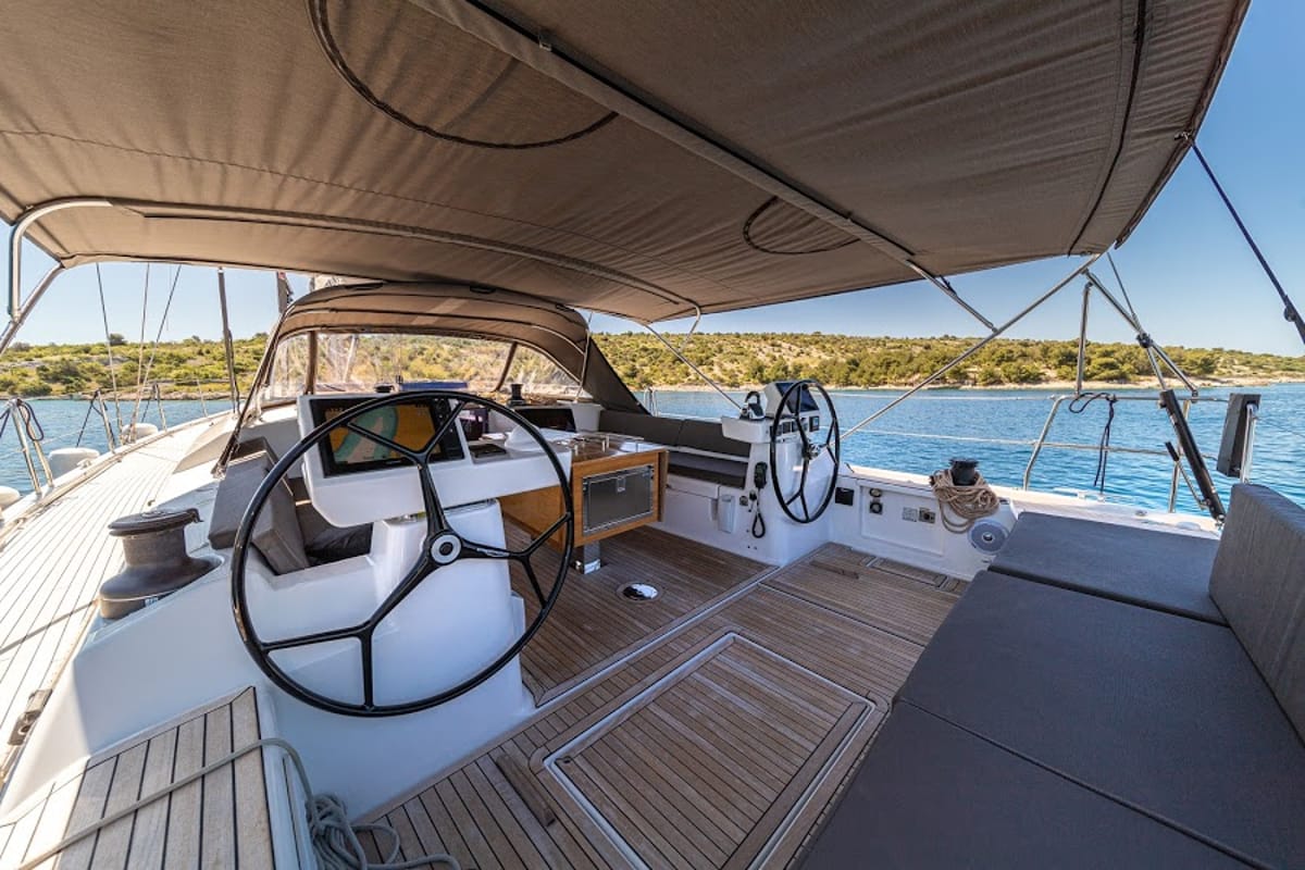 Deck of Barmaley, a Dufour 56 Exclusive sailboat at Primošten, Croatia