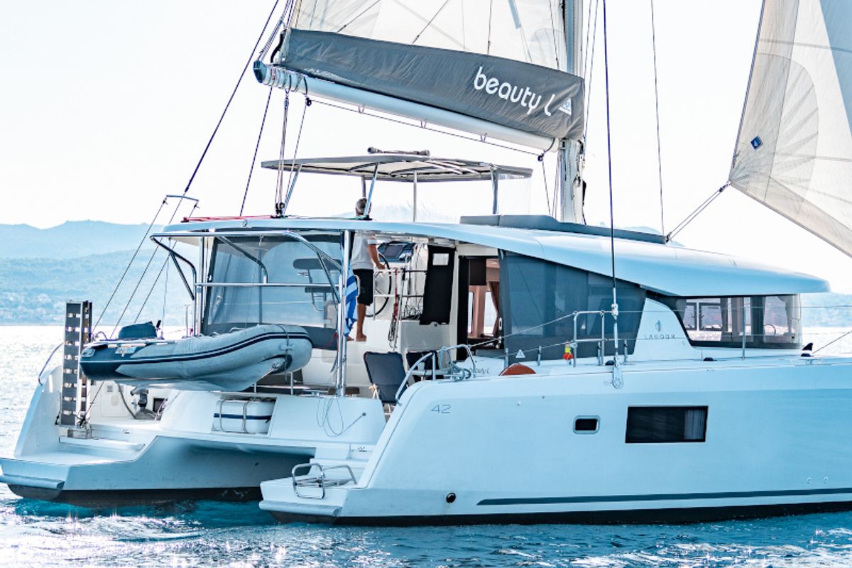 Exterior view of Beauty L A/C-GEN-WATER MAKER-SOLAR-ELEC.WC, a Lagoon 42 catamaran at Athens, Greece