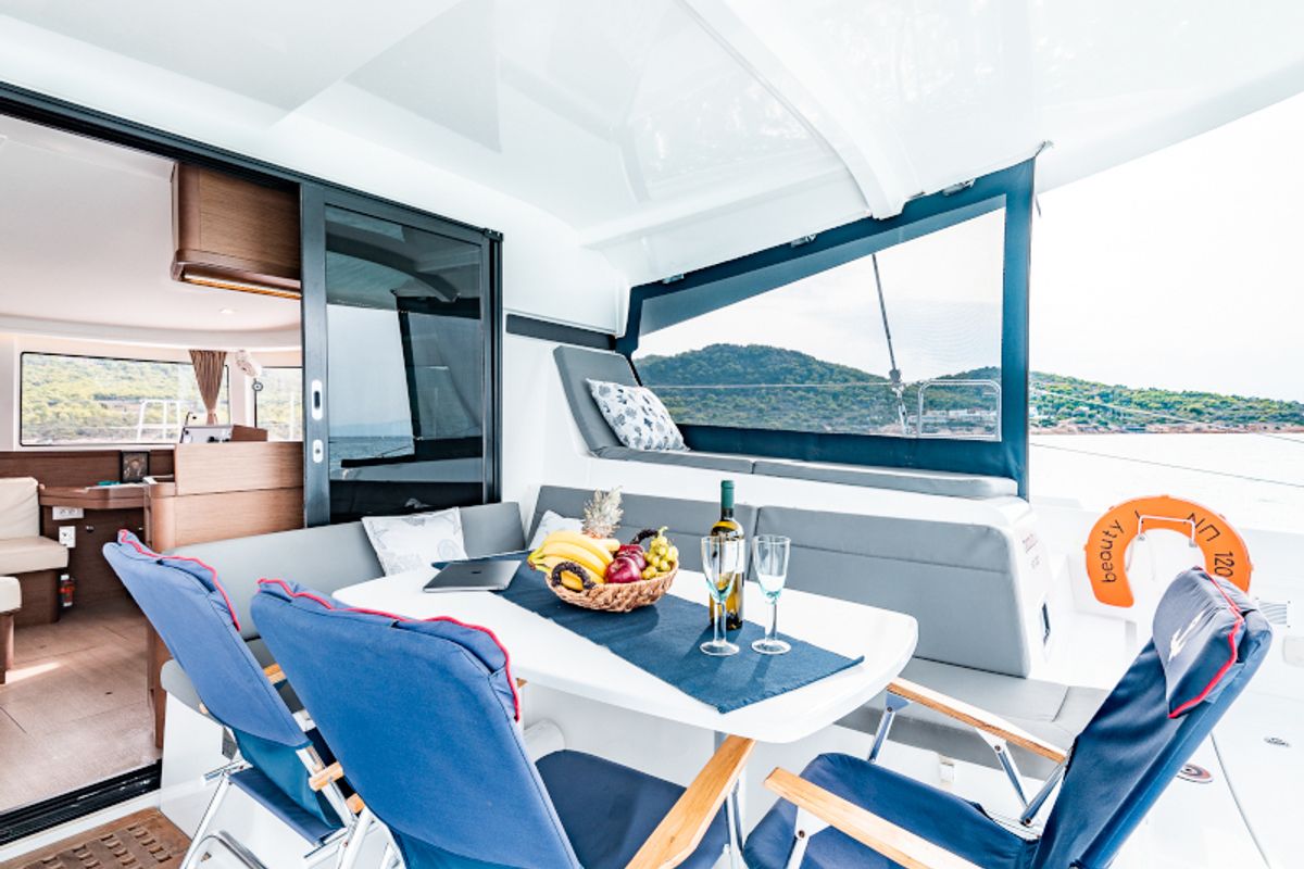 Deck of Beauty L A/C-GEN-WATER MAKER-SOLAR-ELEC.WC, a Lagoon 42 catamaran at Athens, Greece