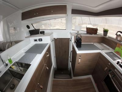 Galley of Blue Navy, a Bali 4.2 catamaran at Municipal Unit of Lefkada, Greece