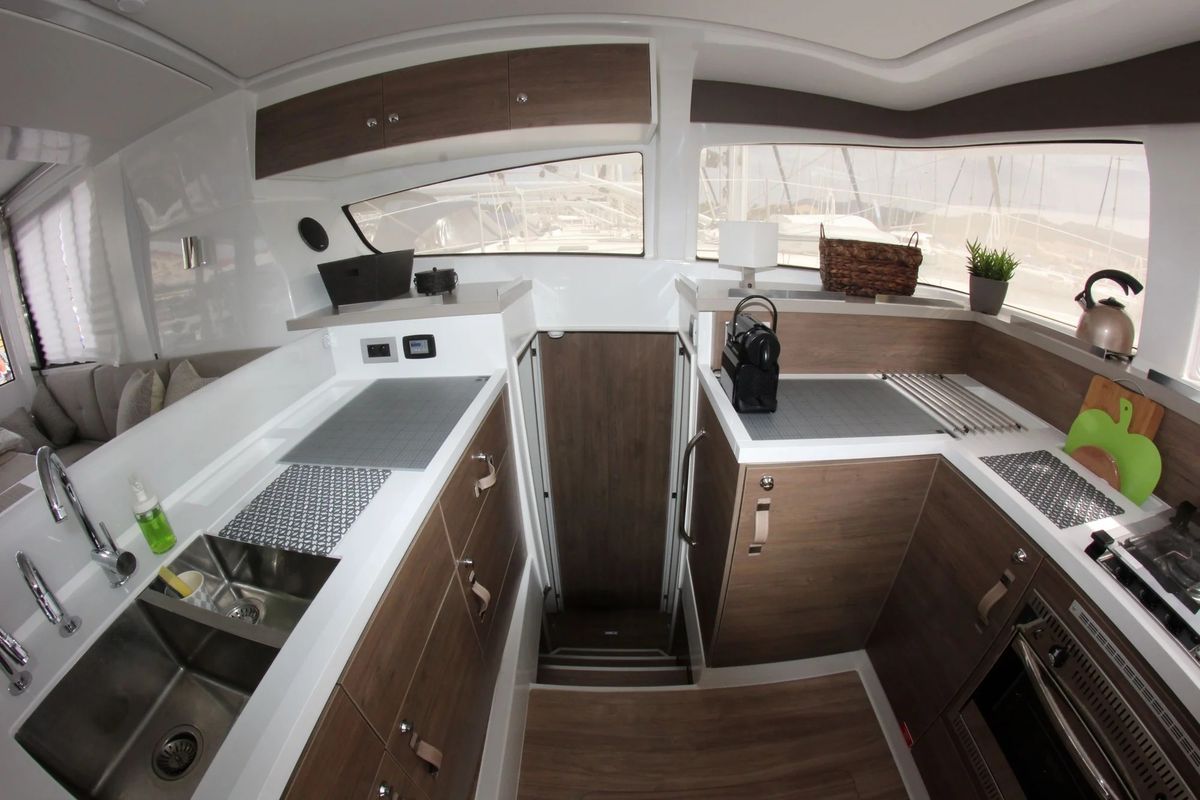 Galley of Blue Navy, a Bali 4.2 catamaran at Municipal Unit of Lefkada, Greece
