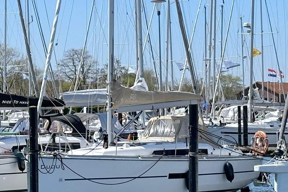 Exterior view of Dudu, a Dufour 310 GL sailboat at Heiligenhafen, Germany