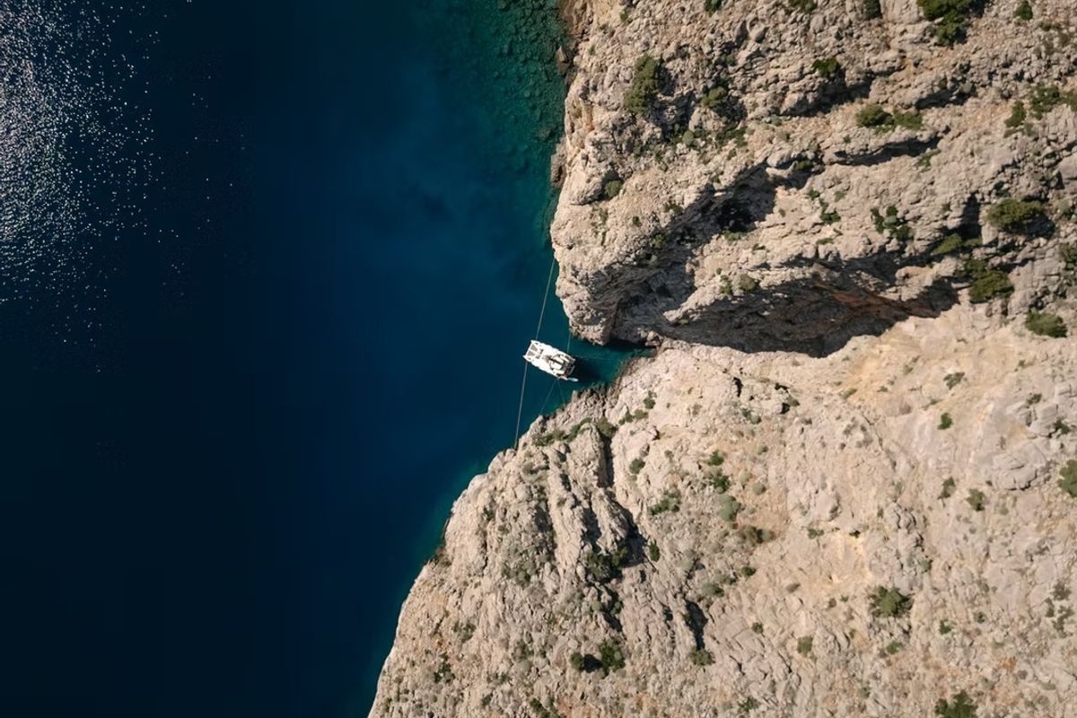 Exterior view of Navya, a Lagoon 51 catamaran at Municipal Unit of Lefkada, Greece