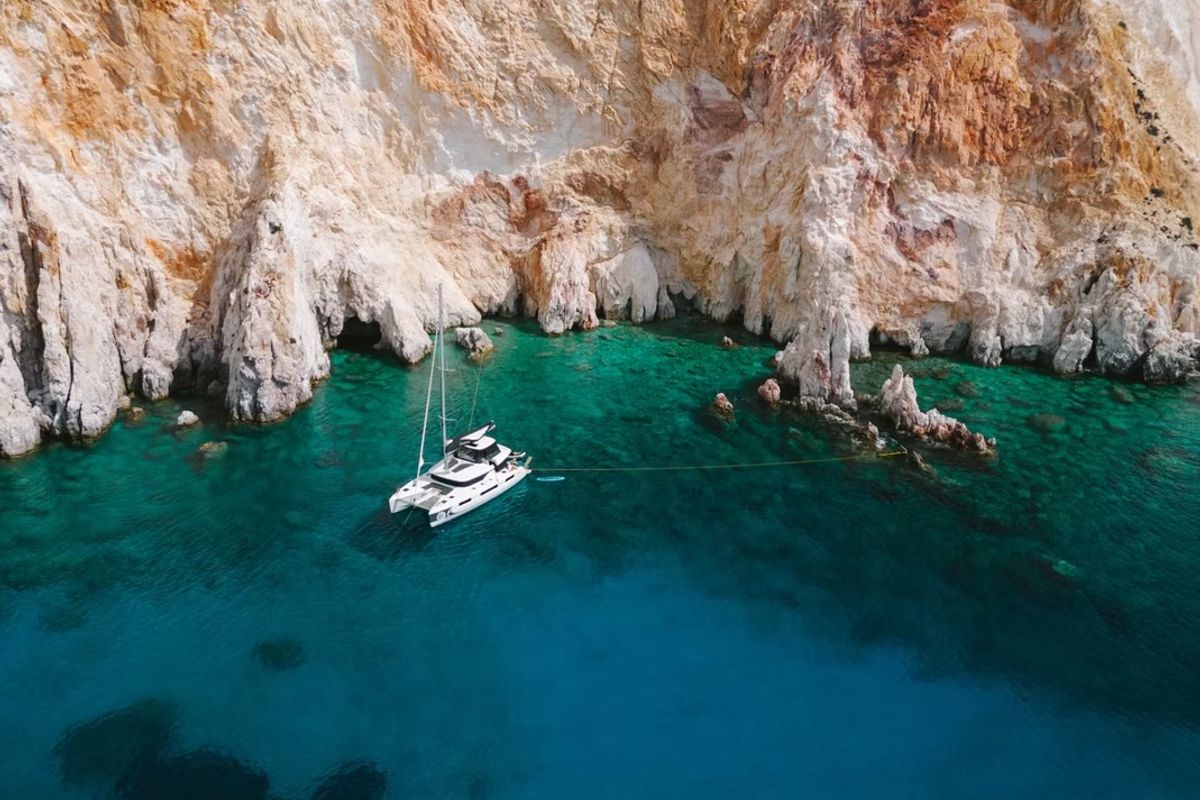 Exterior view of Navya, a Lagoon 51 catamaran at Municipal Unit of Lefkada, Greece