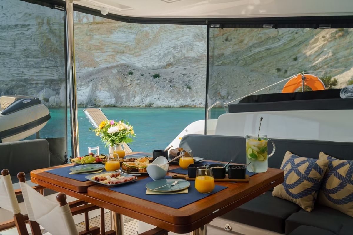 Deck of Navya, a Lagoon 51 catamaran at Municipal Unit of Lefkada, Greece