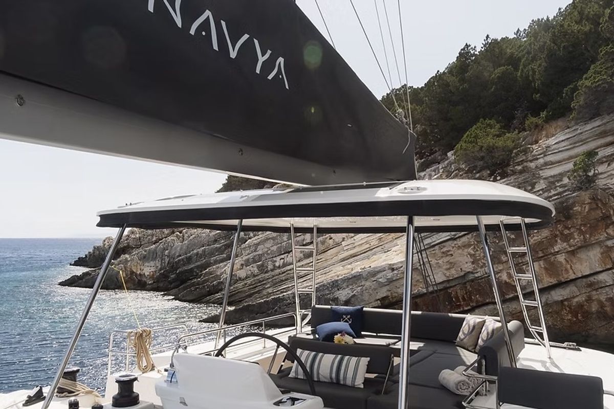 Deck of Navya, a Lagoon 51 catamaran at Municipal Unit of Lefkada, Greece