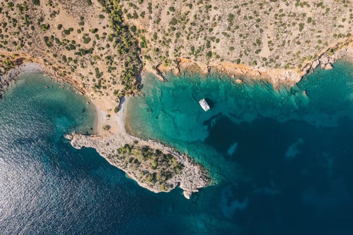 Exterior view of Navya, a Lagoon 51 catamaran at Municipal Unit of Lefkada, Greece