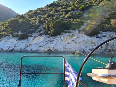Cockpit of Navya, a Lagoon 51 catamaran at Municipal Unit of Lefkada, Greece