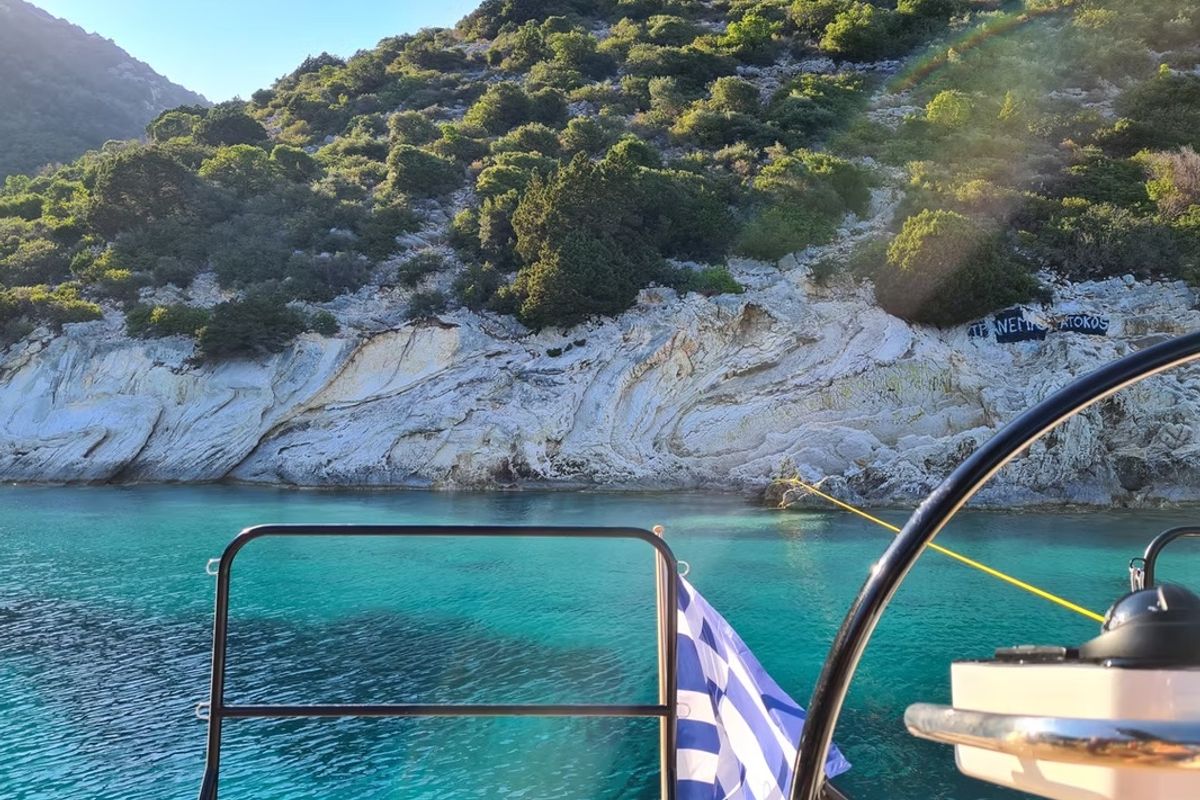 Cockpit of Navya, a Lagoon 51 catamaran at Municipal Unit of Lefkada, Greece