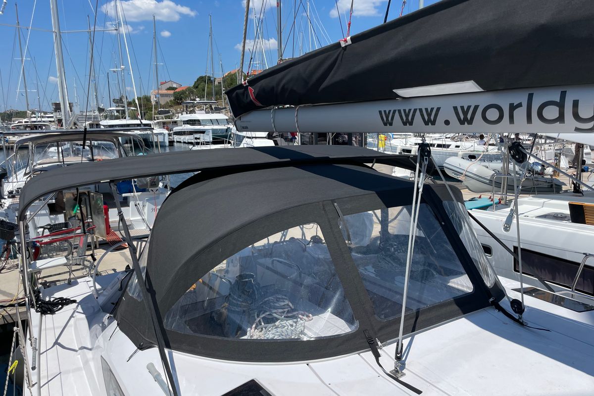 Deck of St. Marie, a Elan Impression 45 sailboat at Grad Šibenik, Croatia