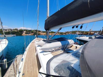 Deck of Pandora, a Hanse Yachts Hanse 508 sailboat at Lavreotiki Municipal Unit, Greece