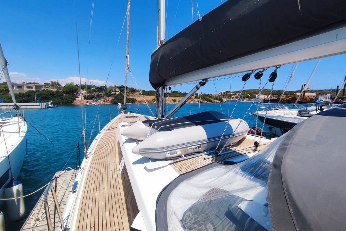 Deck of Pandora, a Hanse Yachts Hanse 508 sailboat at Lavreotiki Municipal Unit, Greece