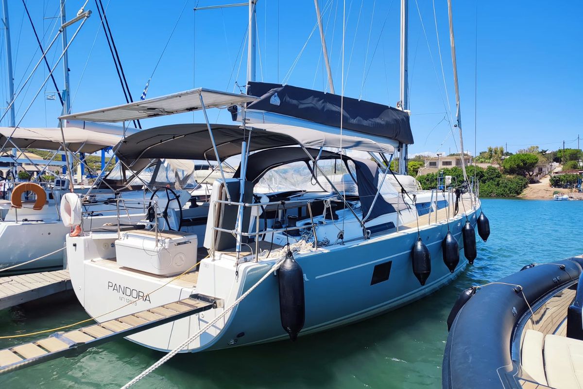 Exterior view of Pandora, a Hanse Yachts Hanse 508 sailboat at Lavreotiki Municipal Unit, Greece