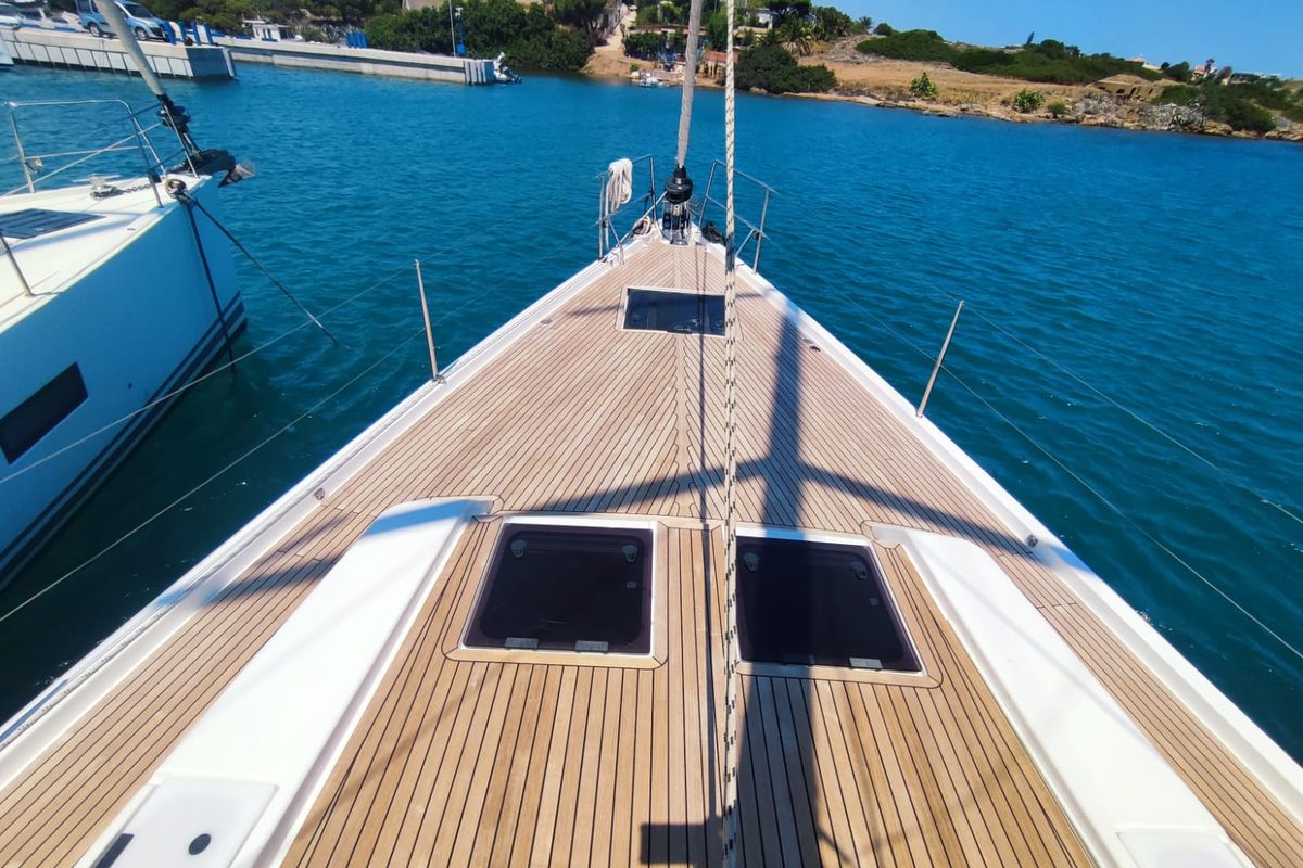 Deck of Pandora, a Hanse Yachts Hanse 508 sailboat at Lavreotiki Municipal Unit, Greece