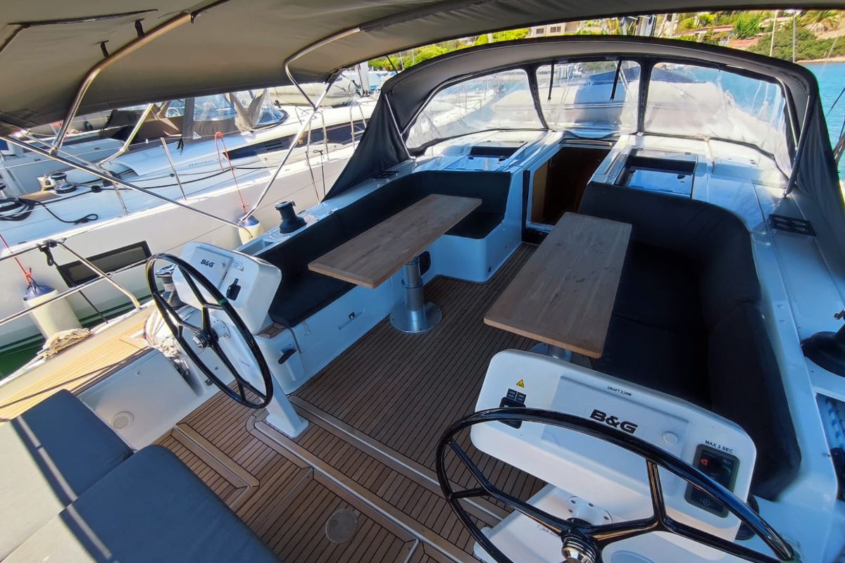 Cockpit of Pandora, a Hanse Yachts Hanse 508 sailboat at Lavreotiki Municipal Unit, Greece