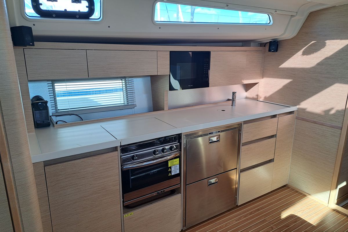 Galley of Pandora, a Hanse Yachts Hanse 508 sailboat at Lavreotiki Municipal Unit, Greece