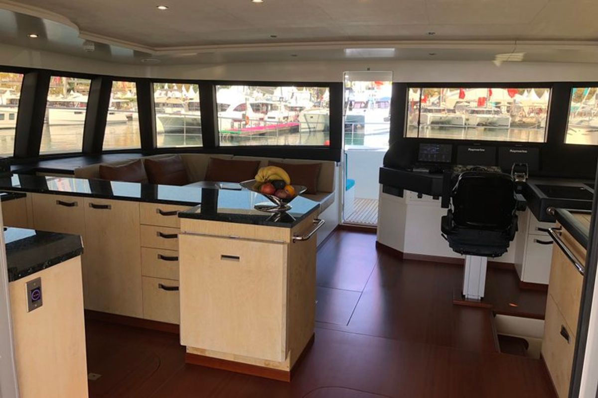 Cockpit of Premium +, a Gulet Serenity 64 catamaran at Sant Antoni de Portmany, Spain