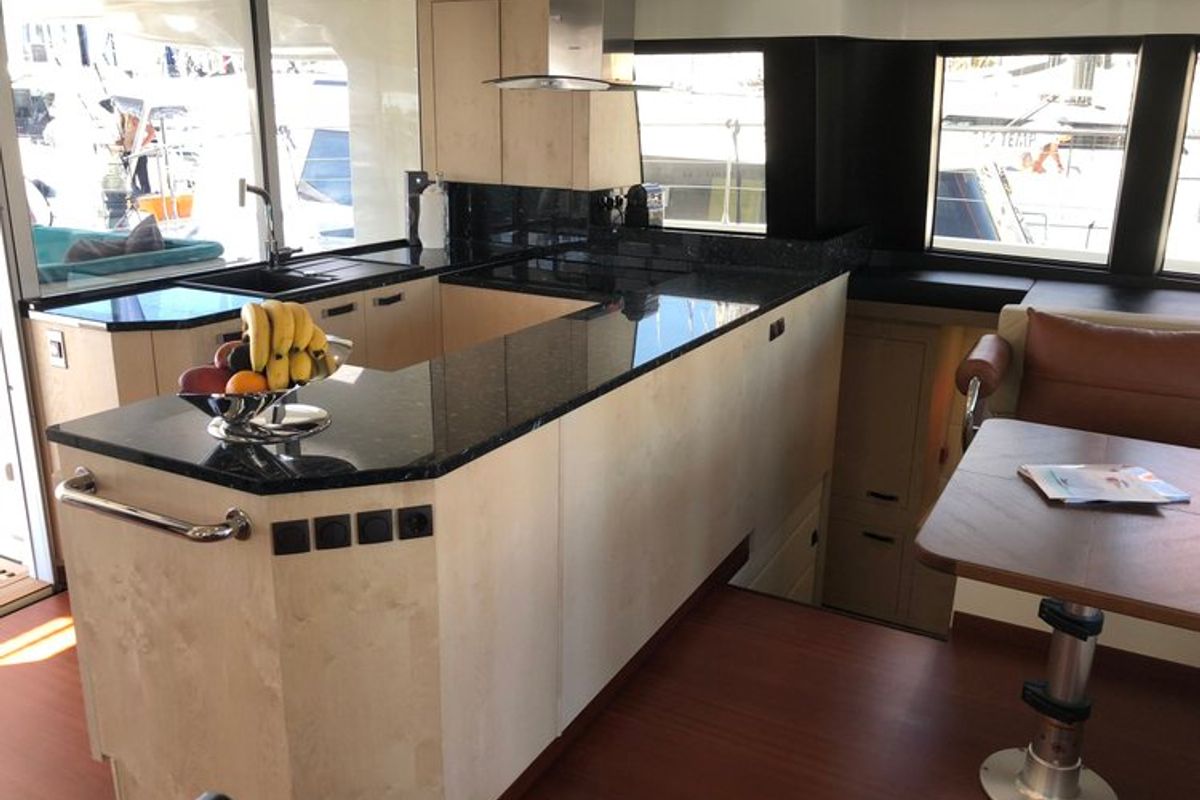 Galley of Premium +, a Gulet Serenity 64 catamaran at Sant Antoni de Portmany, Spain