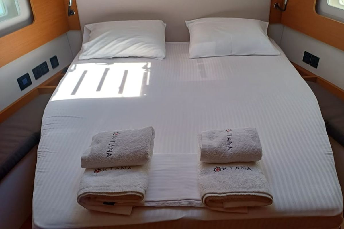 Cabin on Emirel, a Fountaine Pajot Isla 40 catamaran at Municipal Unit of Rhodes, Greece