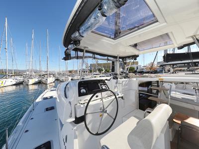 Cockpit of Easy Course, a Lagoon 42 catamaran at Grad Trogir, Croatia