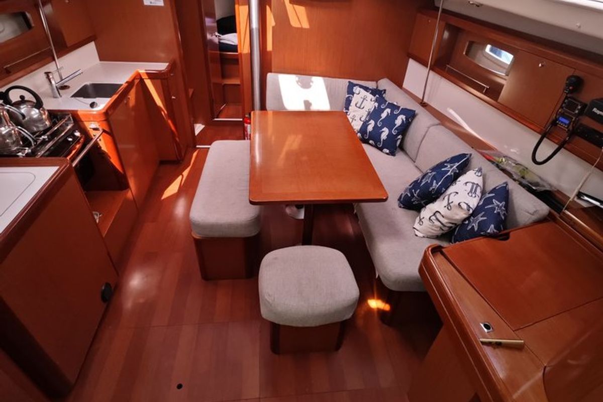 Salon of Lilium, a Beneteau Oceanis 43 Family sailboat at Fethiye, Turkey