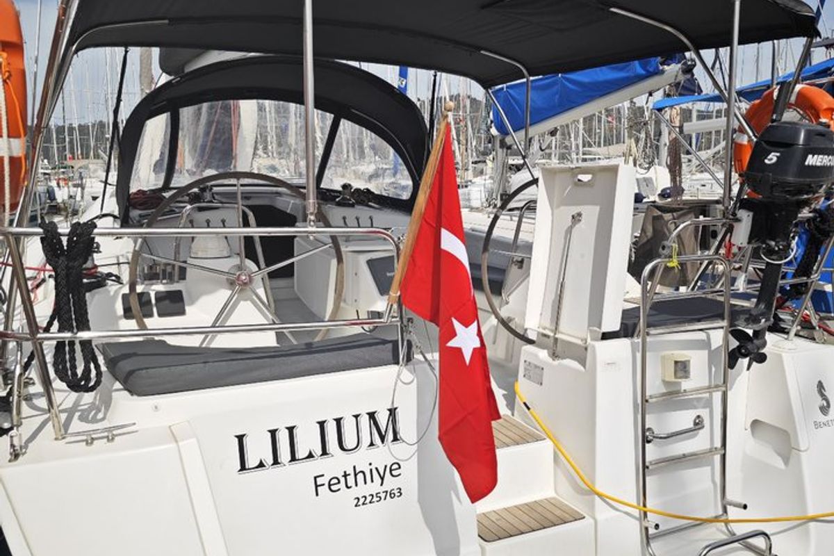Exterior view of Lilium, a Beneteau Oceanis 43 Family sailboat at Fethiye, Turkey