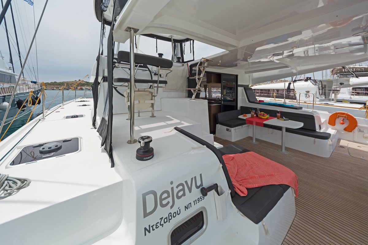 Deck of Deja Vu, a Lagoon 42 catamaran at Lavreotiki Municipal Unit, Greece