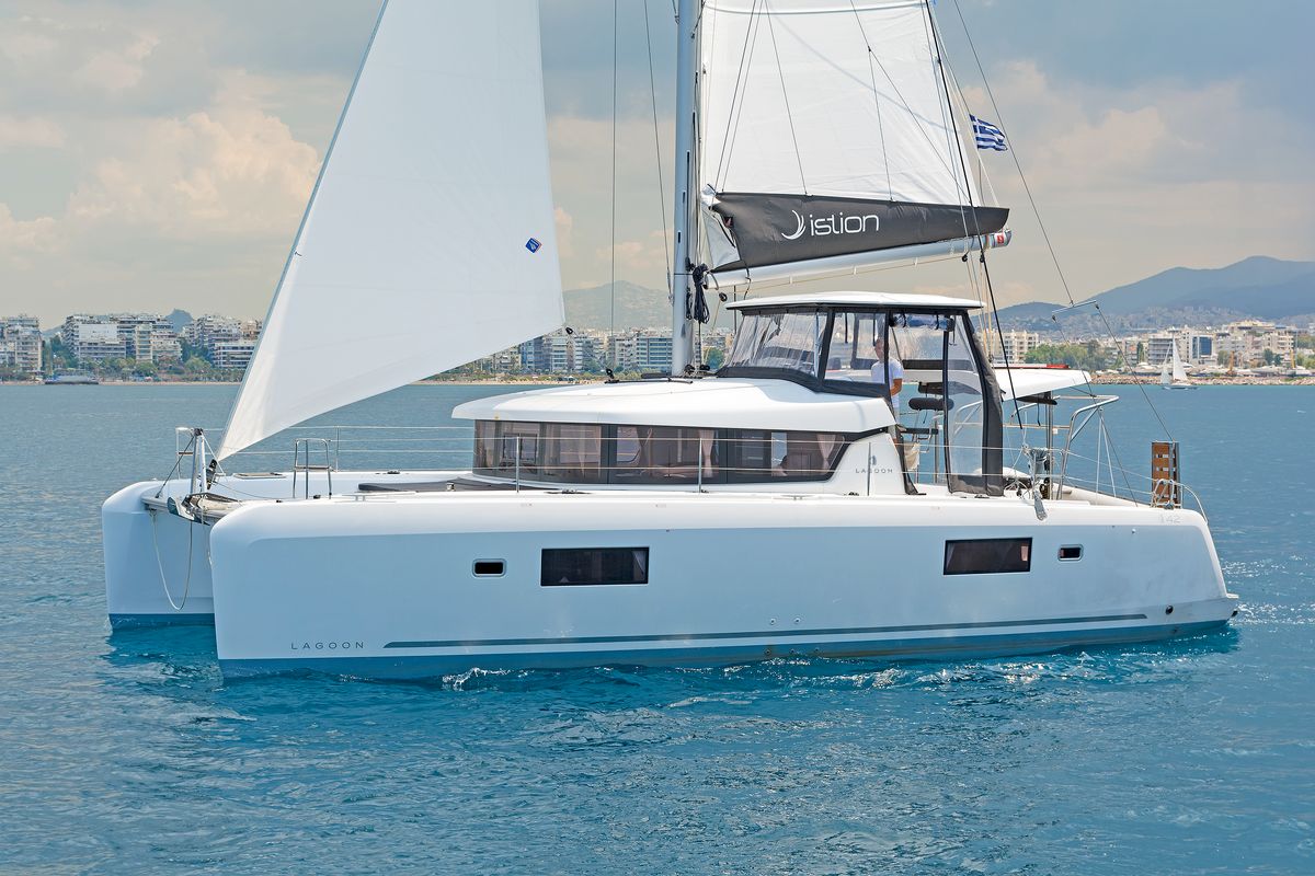 Exterior view of Deja Vu, a Lagoon 42 catamaran at Lavreotiki Municipal Unit, Greece