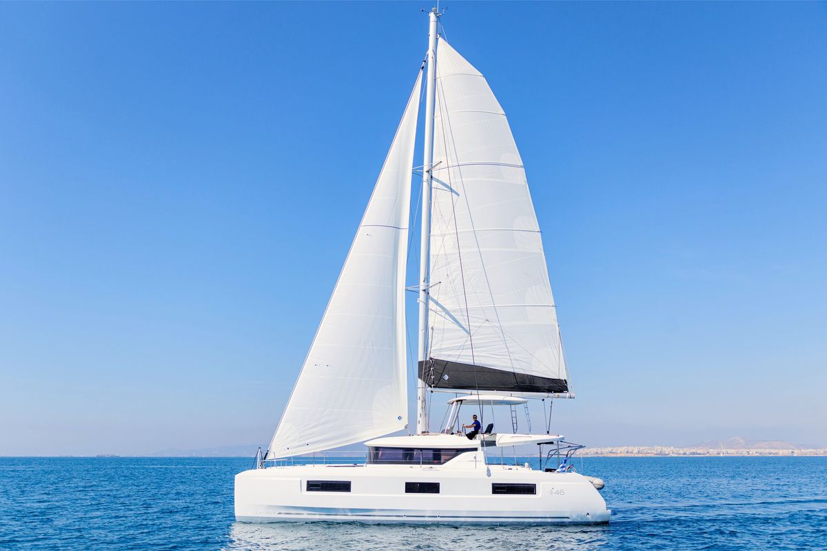 Exterior view of Iris, a Lagoon 46 catamaran at Athens, Greece