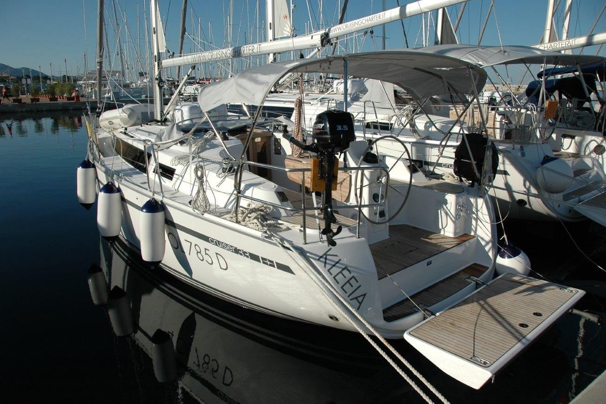 Exterior view of Kleeia, a Bavaria Cruiser 33 sailboat at Olbia, Italy