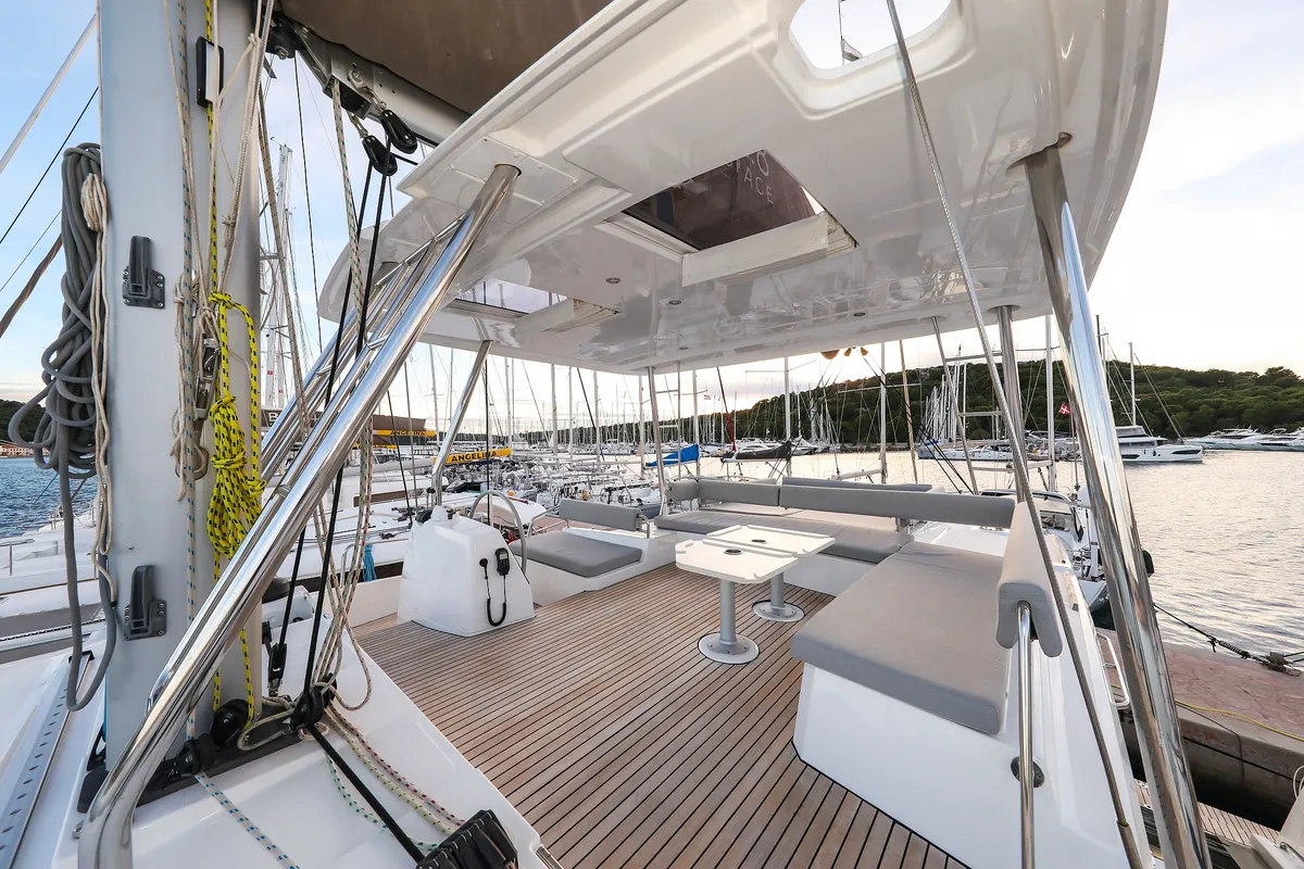 Deck of Carpe Diem, a Bali 4.8 catamaran at Grad Trogir, Croatia