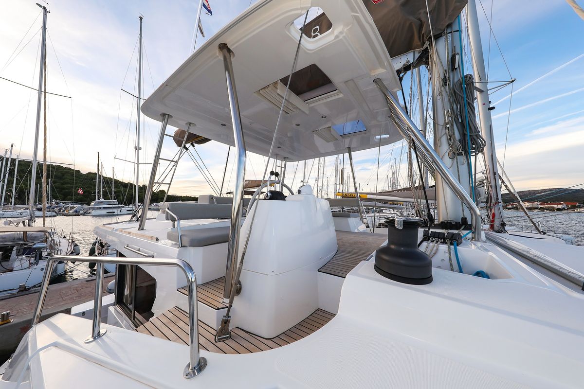 Cockpit of Carpe Diem, a Bali 4.8 catamaran at Grad Trogir, Croatia