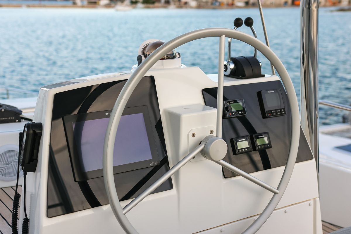 Cockpit of Carpe Diem, a Bali 4.8 catamaran at Grad Trogir, Croatia