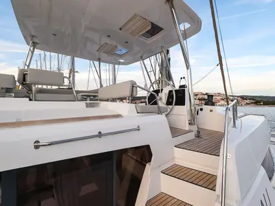 Cockpit of Carpe Diem, a Bali 4.8 catamaran at Grad Trogir, Croatia